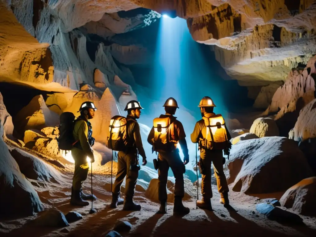 Equipo de exploradores con linternas y equipo de seguridad explorando cuevas subterráneas con formaciones rocosas y estalactitas