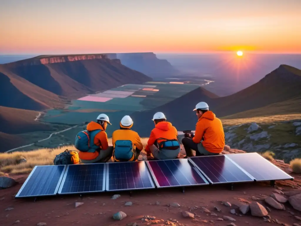 Un equipo de exploradores instala paneles solares portátiles en una montaña remota al atardecer, capturando la energía del sol