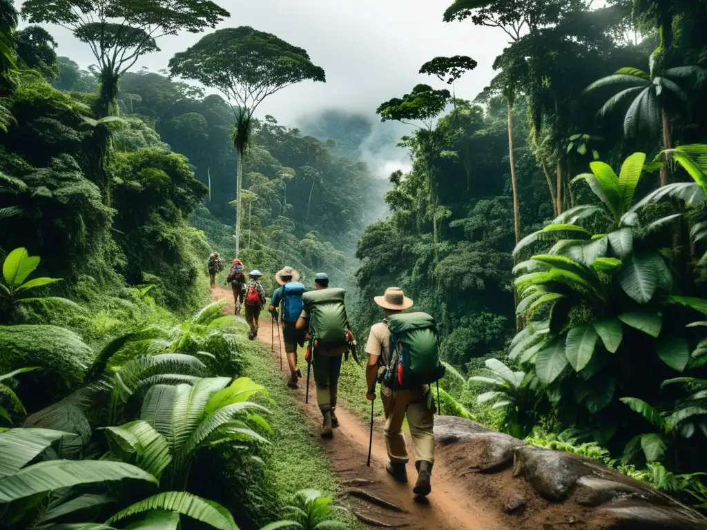 Expedición intrépida en la selva amazónica Equipo de exploradores en la selva amazónica, equipados con mapas y machetes, listos para la expedición en la exuberante vegetación