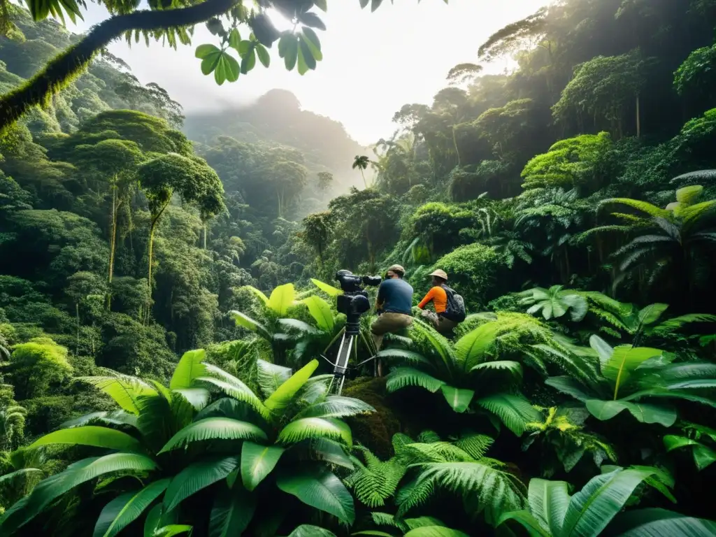 Equipo de filmación cuidadosamente navegando por un exuberante y delicado bosque lluvioso, minimizando el impacto ambiental al filmar ecosistemas delicados