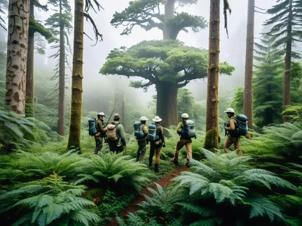 Equipo de observación de fauna en bosques templados, científicos documentan la diversa vida silvestre entre árboles antiguos y neblina densa