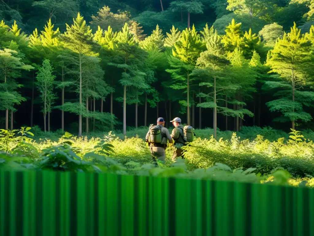 Equipo de observación de fauna en bosques templados, expertos en camuflaje observando ciervos y águilas en un bosque exuberante al atardecer