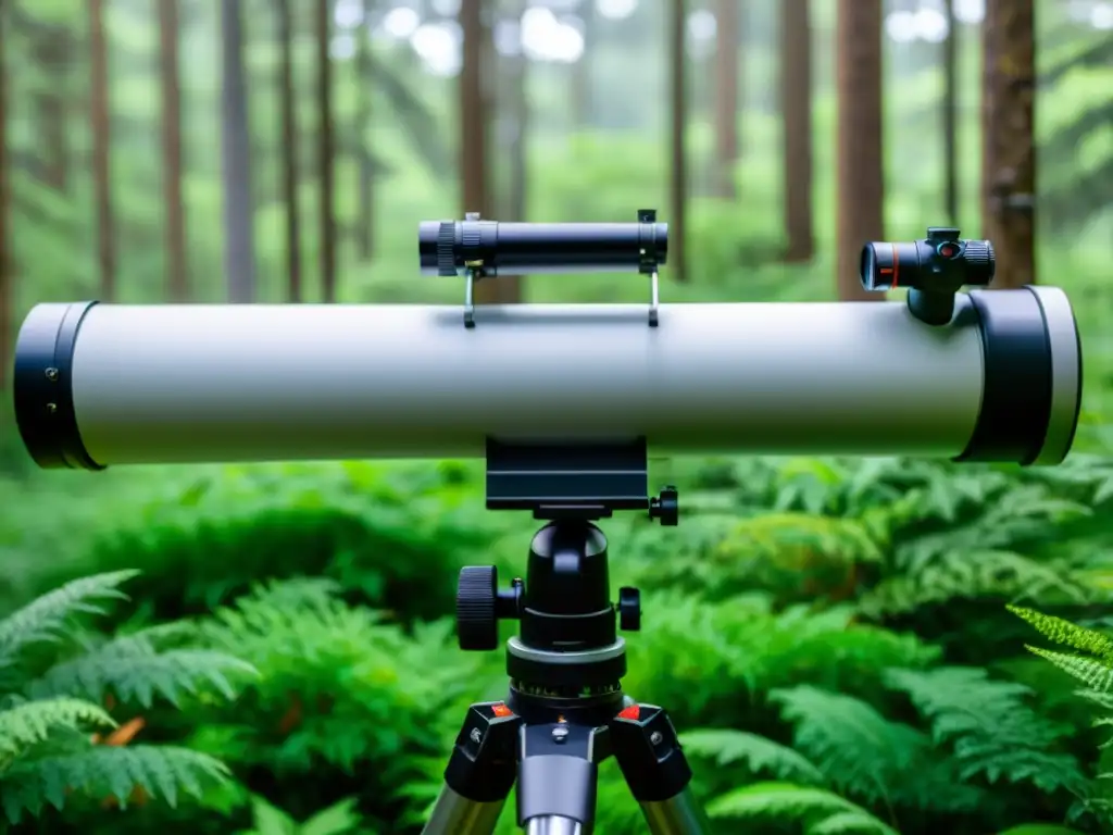 Un equipo de observación de fauna en un exuberante bosque templado, capturando la rica biodiversidad del ecosistema