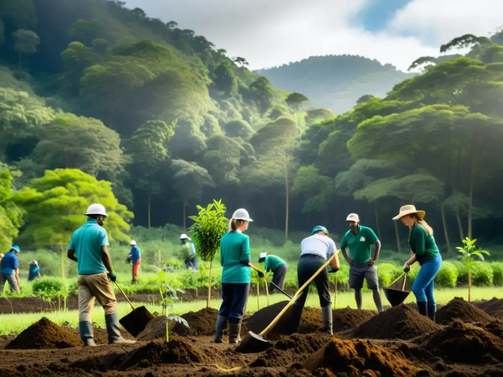 Equipo de restauración forestal en áreas deforestadas trabajando con dedicación y esperanza, cuidando de la naturaleza en crecimiento