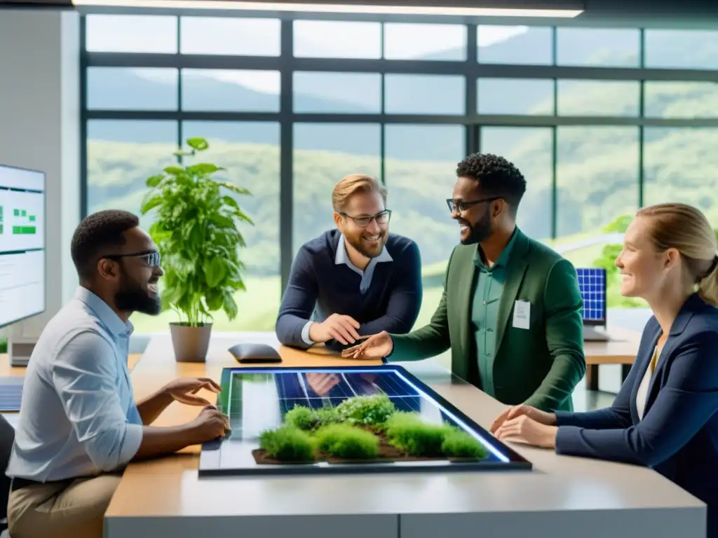 Equipo de ingenieros y científicos colaborando en laboratorio de innovación sostenible, rodeados de tecnología verde avanzada