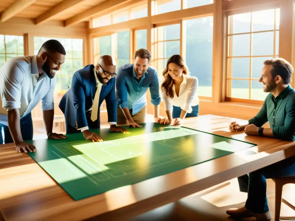 Equipo de ingenieros y diseñadores discuten diseño sostenible alrededor de una maqueta en una mesa de madera, bañados por la luz del sol