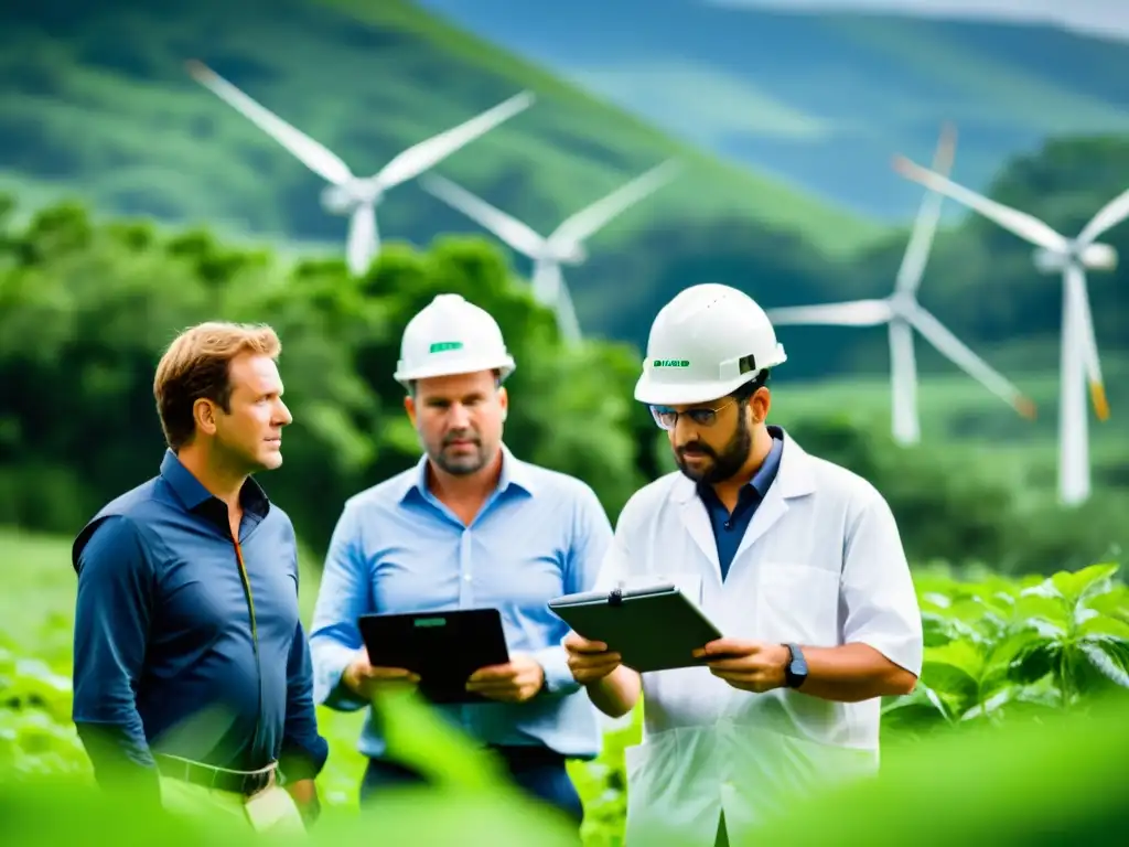 Equipo de ingenieros y especialistas ambientales realizando una auditoría energética en un ecosistema exuberante