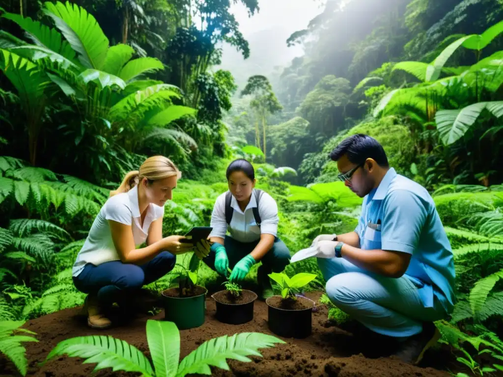 Un equipo de ingenieros y expertos ambientales realizando investigación de campo en una exuberante y biodiversa selva tropical