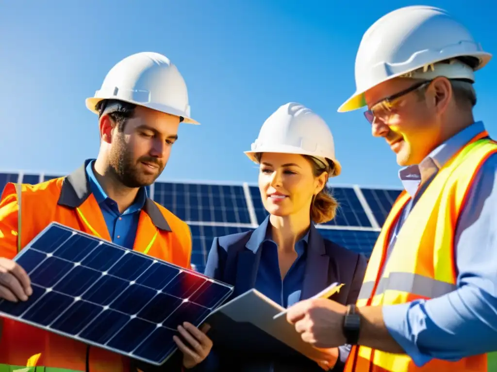 Un equipo de ingenieros inspecciona detalladamente una instalación de paneles solares en un proyecto de energía renovable