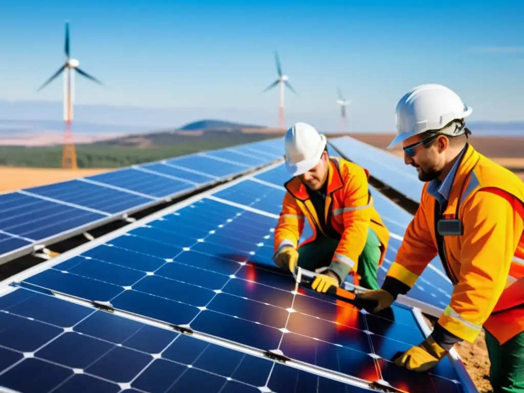 Equipo de ingenieros instalando paneles solares en un campo amplio bajo el cielo claro