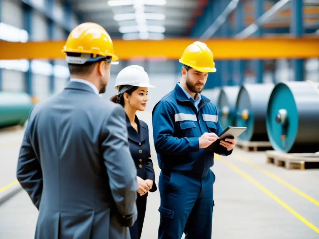 Un equipo de ingenieros y técnicos realizando una auditoría energética en una industria, promoviendo la optimización de recursos energéticos ecológicos