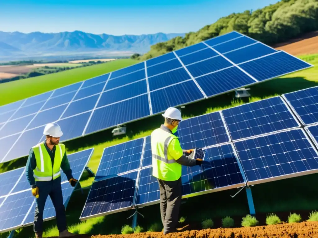 Un equipo de ingenieros y trabajadores instalan paneles solares en un campo soleado