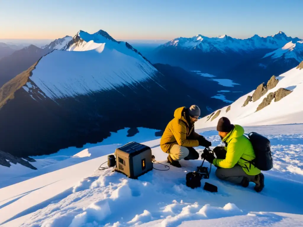 Equipo investigador coloca cámaras trampa en montaña nevada al amanecer