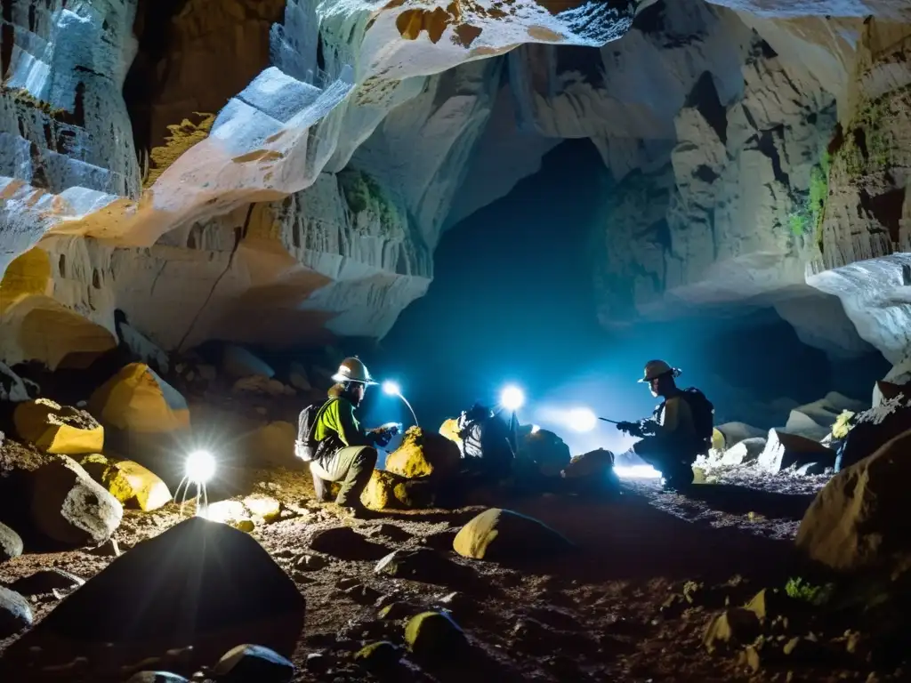 Equipo de investigadores explorando un ecosistema subterráneo, utilizando técnicas de investigación de ecosistemas subterráneos en una cueva oscura