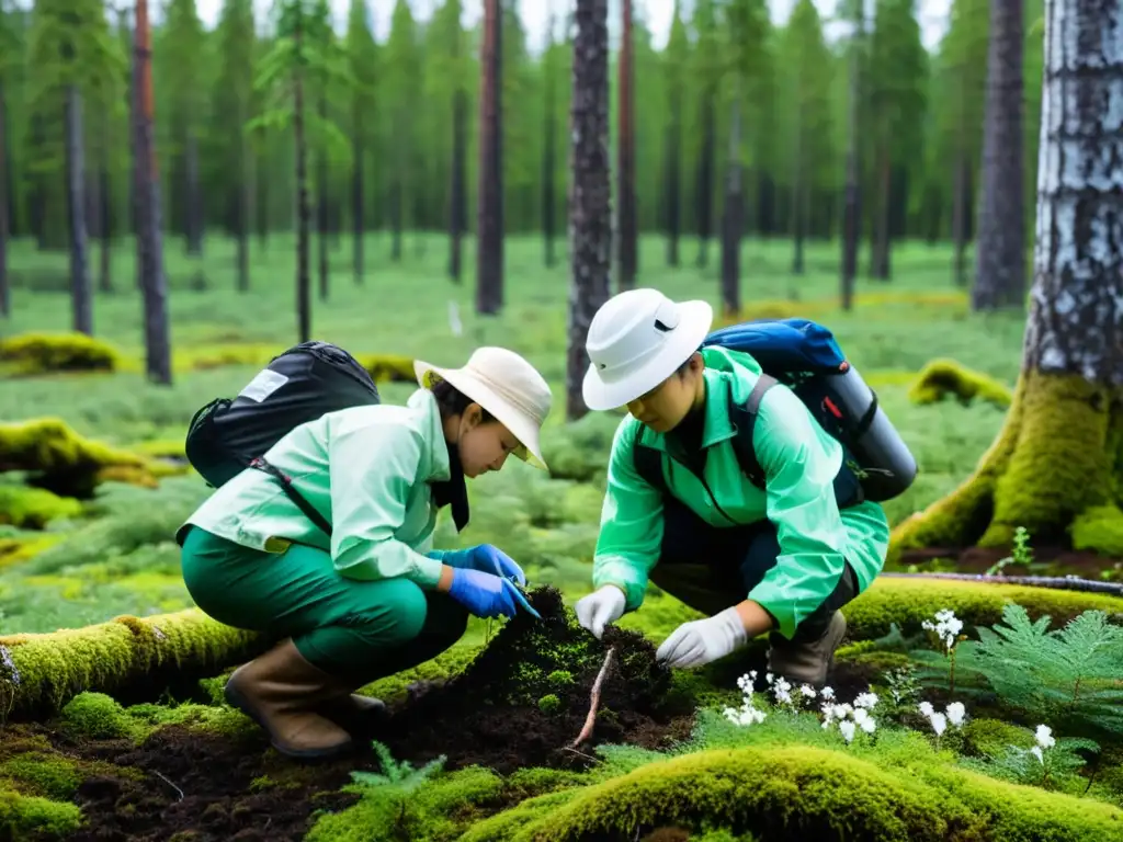 Un equipo de investigadores en equipo especial recolecta muestras de suelo en la taiga boreal, iluminados por la suave luz del dosel del bosque