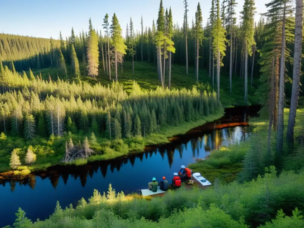 Equipo de investigadores en estudio de la taiga boreal, analizando la rica biodiversidad del bosque y tomando muestras, bajo la luz filtrada del sol