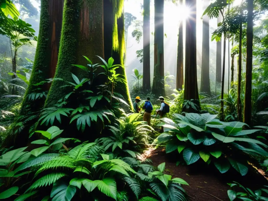 Equipo de investigadores en el exuberante bosque lluvioso, realizando mediciones y examinando la corteza de los árboles