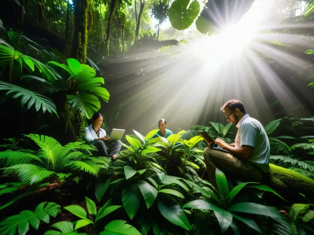 Un equipo de investigadores estudia la biodiversidad de un exuberante bosque lluvioso, capturando datos en tabletas y cuadernos