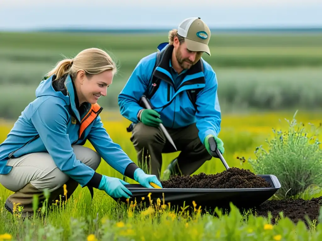 Un equipo de investigadores en praderas recolecta muestras de suelo y plantas, destacando la meticulosidad y dinamismo de las técnicas de campo