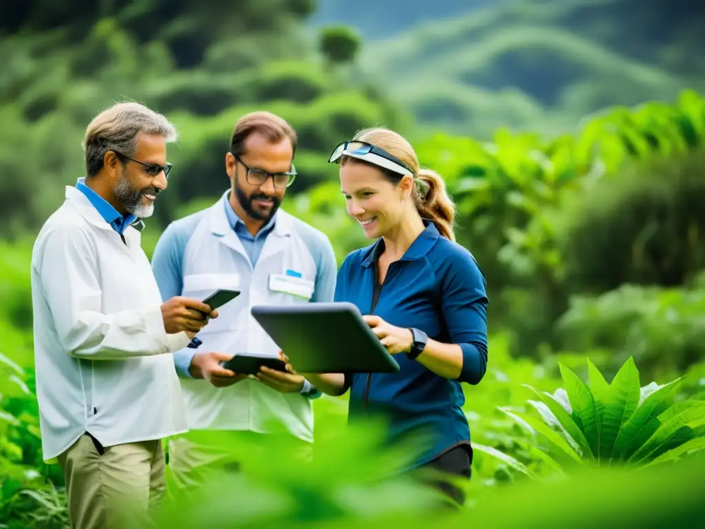 Un equipo de investigadores examina la biodiversidad en riesgo climático, rodeados de exuberante naturaleza