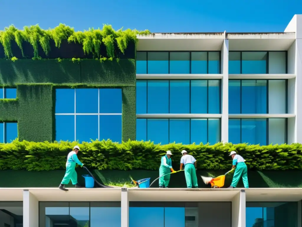 Un equipo de limpieza ecológica trabajando con profesionalidad y cuidado en la fachada de un edificio industrial, rodeado de vegetación exuberante y bajo el brillante sol del mediodía