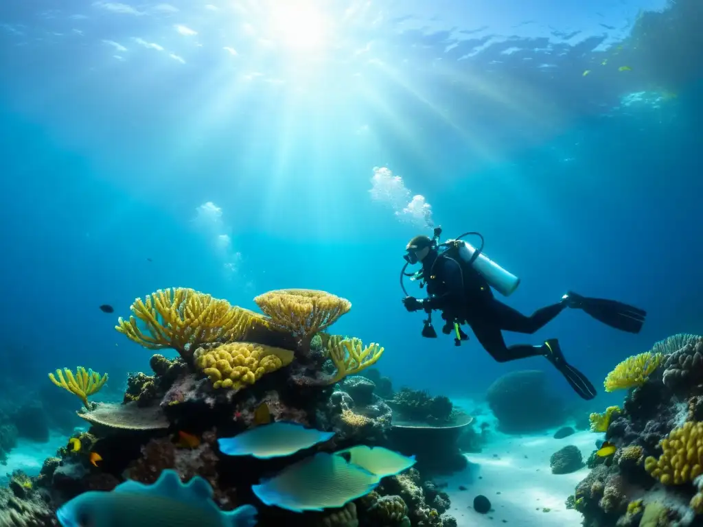 Un equipo de biólogos marinos explora un arrecife de coral vibrante, tomando notas y recolectando muestras