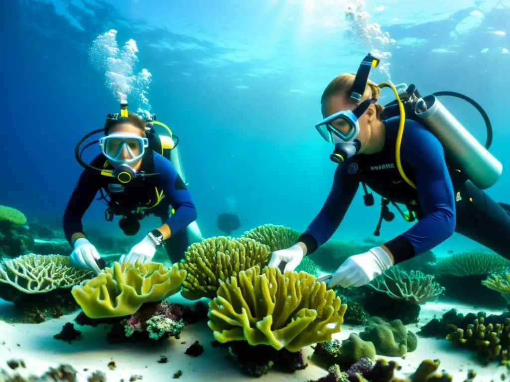 Equipo de biólogos marinos cuidando y trasplantando corales para la conservación y restauración de arrecifes coralinos