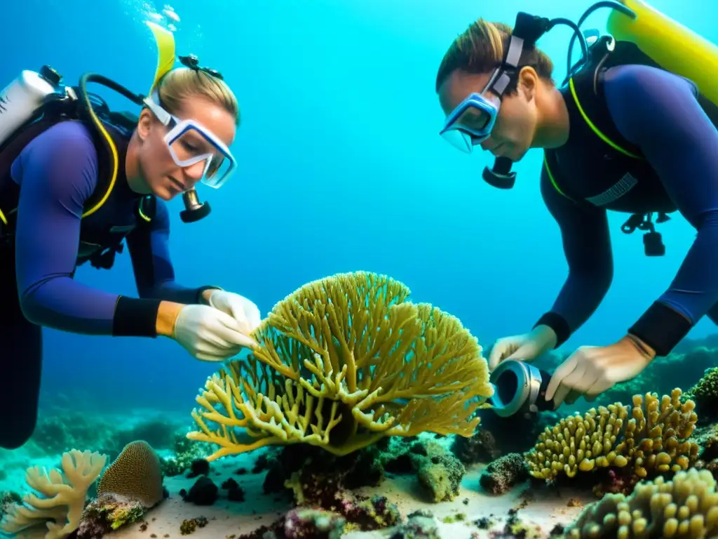 Un equipo de biólogos marinos realiza la restauración de arrecifes de coral con meticulosidad, rodeados de vida marina vibrante