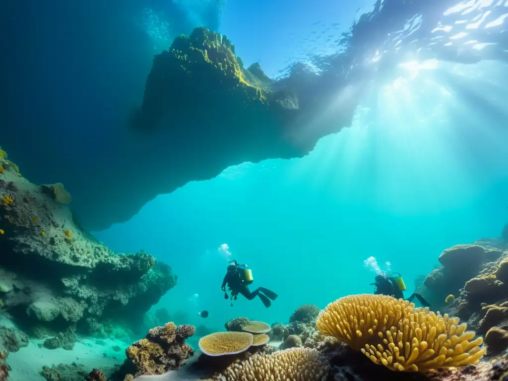 Equipo de biólogos marinos explora vibrante cueva submarina, documentando ecosistema único