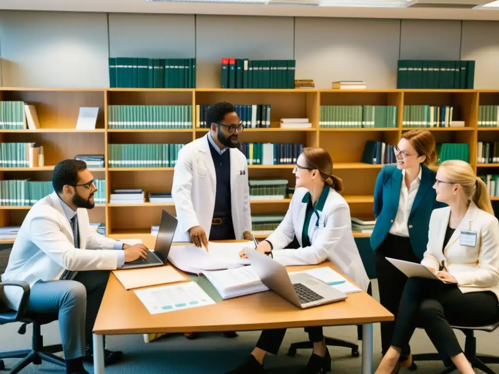 Equipo multidisciplinario inmerso en proyectos de investigación pioneros, rodeado de papers y laptops, en una atmósfera de intensa colaboración