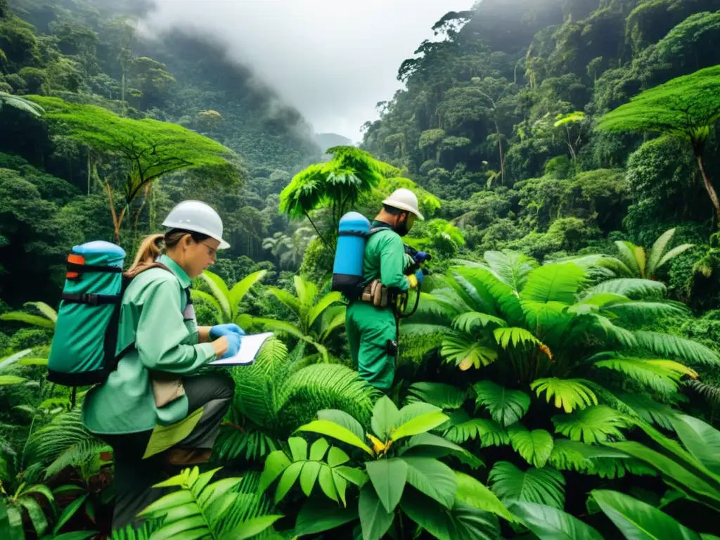 Equipo de ONGs ambientales realizando investigaciones y recolectando muestras en la exuberante selva lluviosa