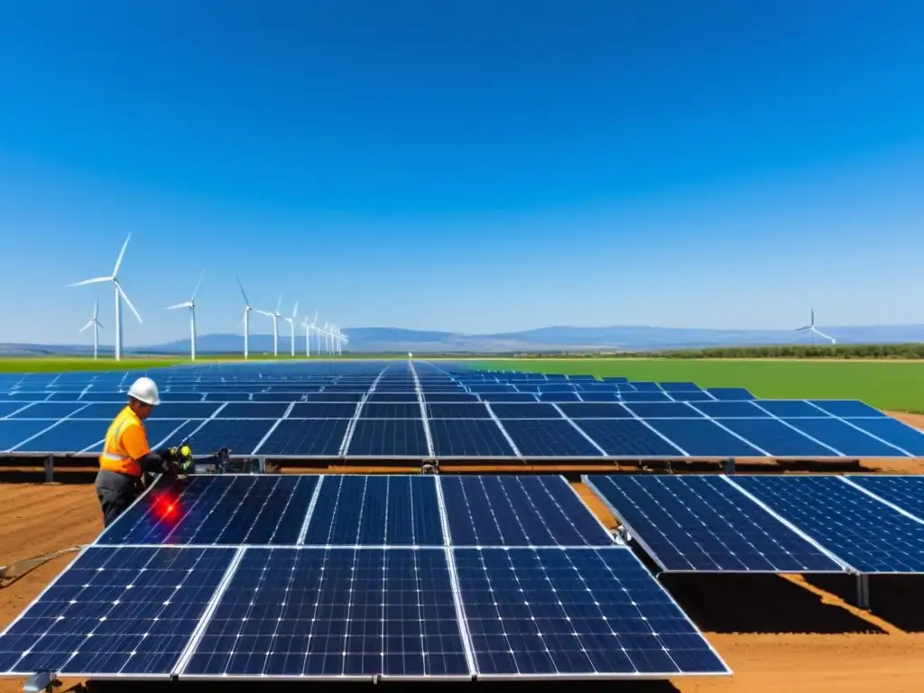 Equipo instalando paneles solares en campo extenso, con molinos de viento al fondo