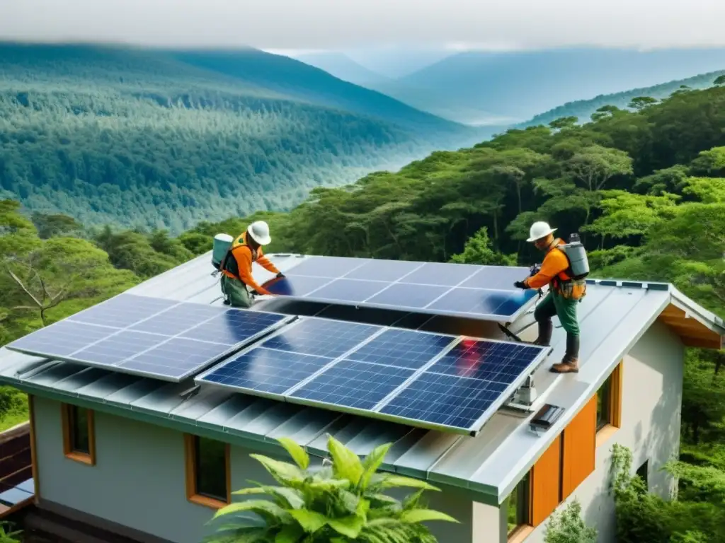 Equipo de conservación instalando paneles solares en la naturaleza, energía solar en conservación de ecosistemas