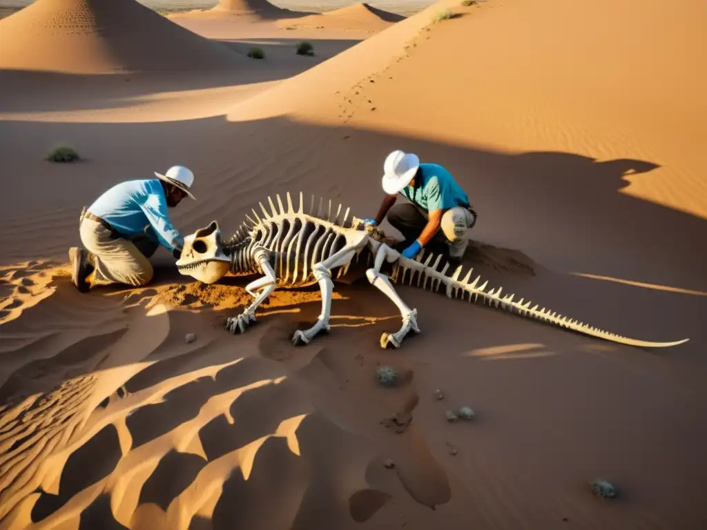 Un equipo de paleontólogos excava con precisión un esqueleto de dinosaurio en el desierto