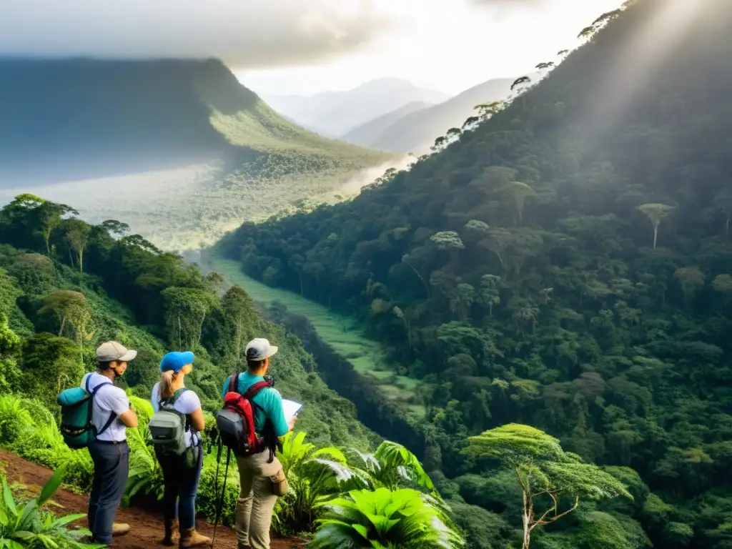 Un equipo de profesionales del medio ambiente realiza un estudio en una exuberante selva tropical