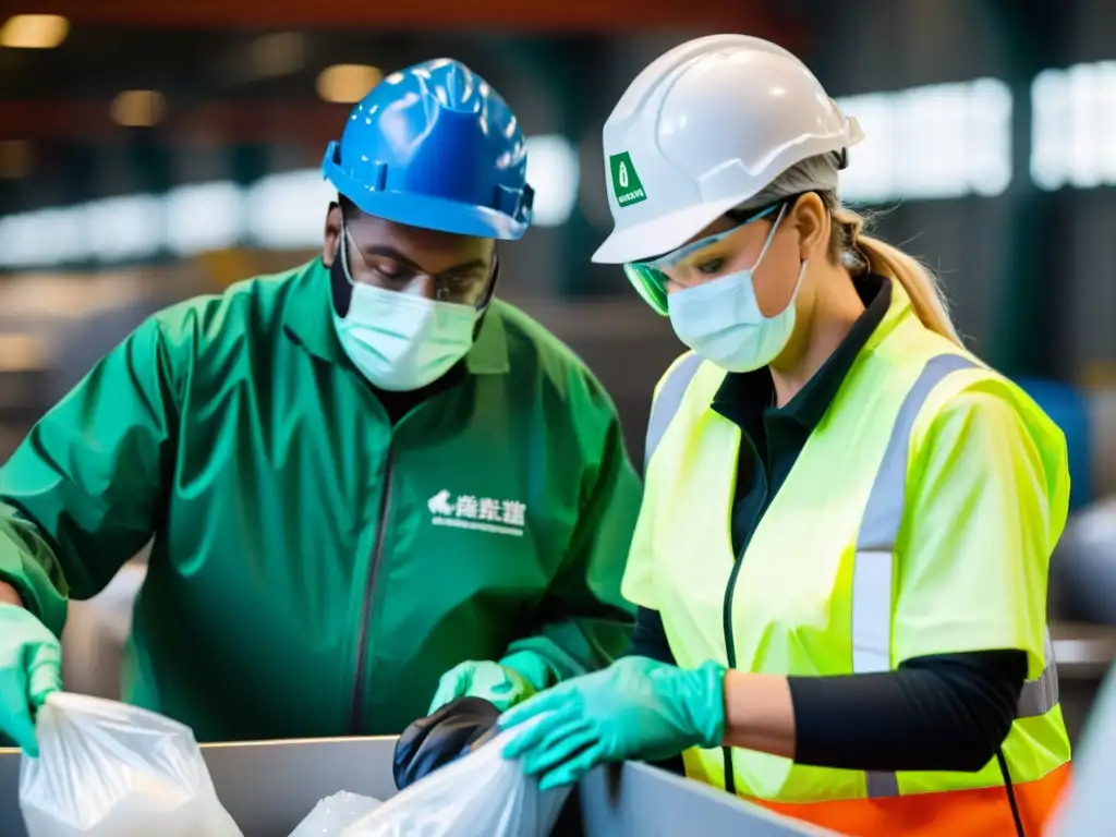 Un equipo de profesionales del manejo sostenible de residuos clasifica cuidadosamente materiales reciclables en una moderna planta de reciclaje, destacando la eficiencia y compromiso para un ambiente más limpio y sostenible