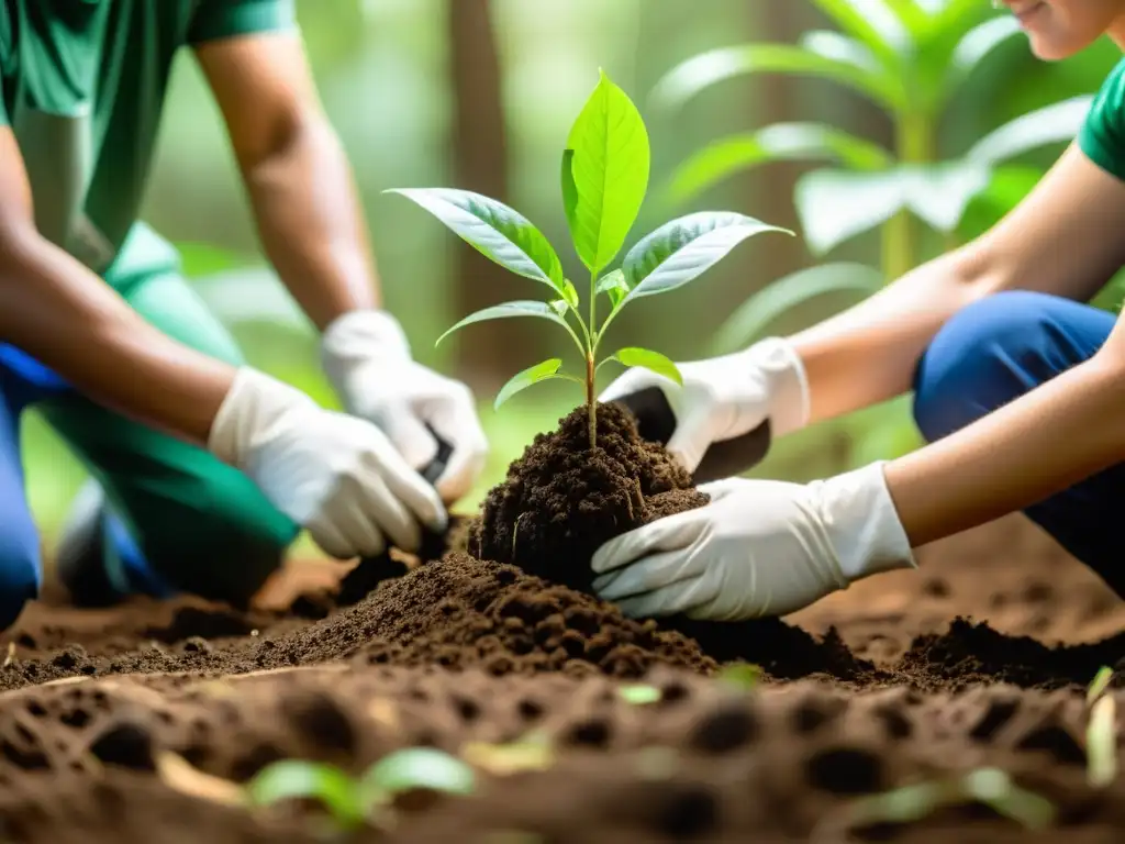 Equipo de reforestación en selvas tropicales plantando jóvenes árboles en un exuberante bosque tropical, destacando la dedicación y belleza de la reforestación