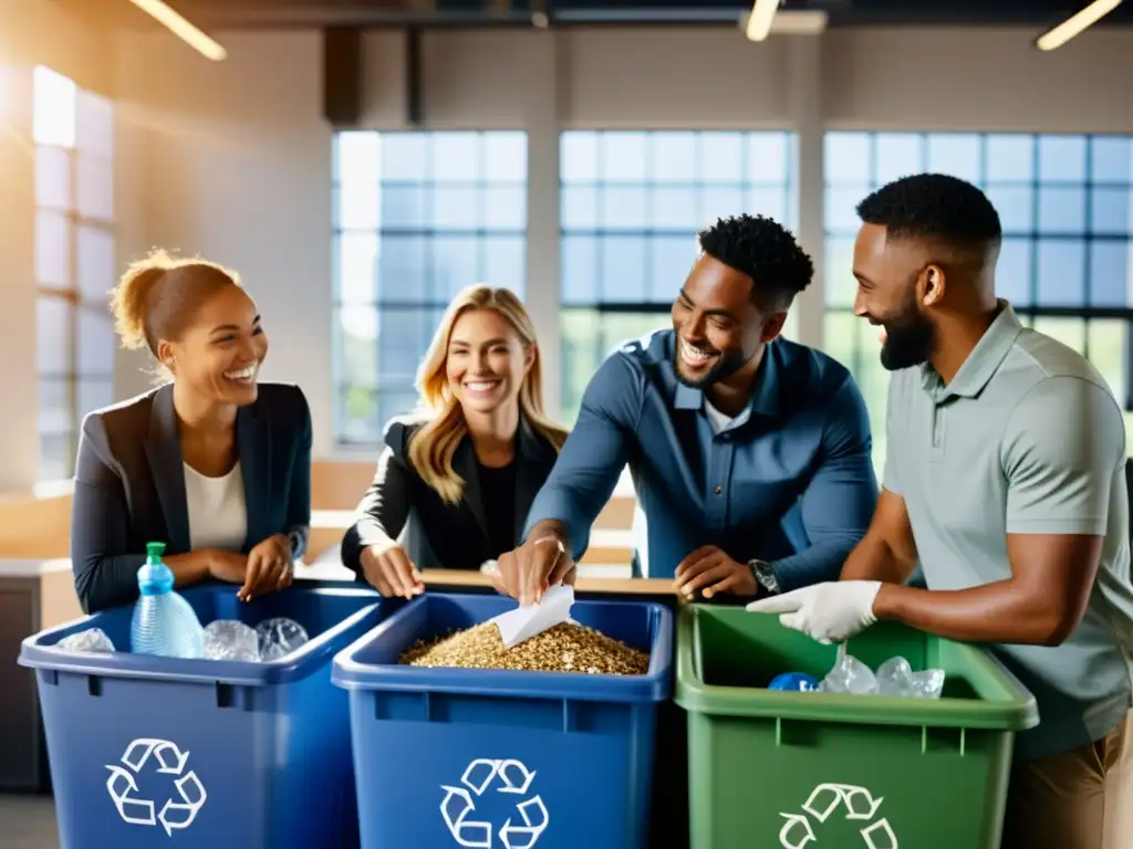 Un equipo sonriente en una oficina moderna, colaborando en la clasificación de materiales reciclables