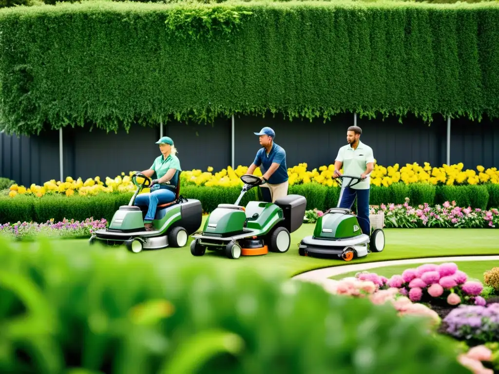 Equipo sostenible para jardinería ecológica: paisajistas usando herramientas ecoamigables en un hermoso jardín verde y florido