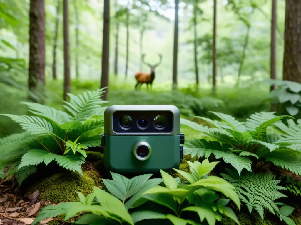 Equipo de observación fauna bosques templados: Cámara escondida entre follaje captura vida silvestre en un hermoso bosque