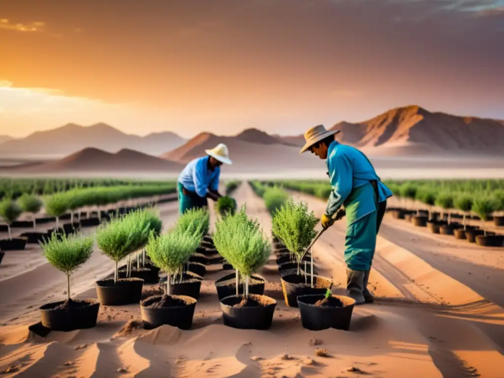 Un equipo de trabajadores planta plántulas en el árido desierto al atardecer, mostrando la reforestación en desiertos áridos y semiáridos