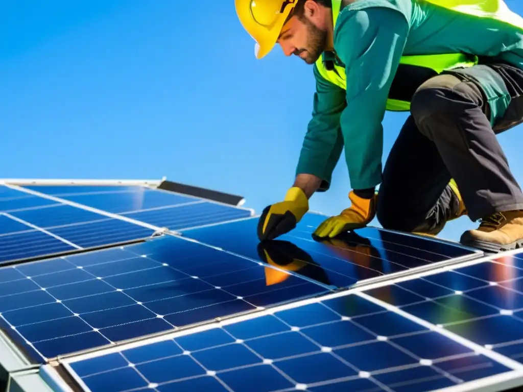 Un equipo de trabajadores instala paneles solares en un tejado bajo el cielo azul