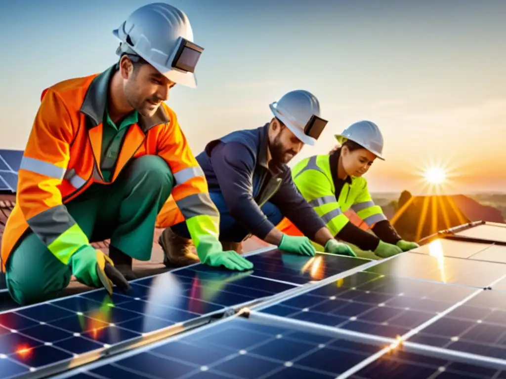 Equipo de trabajadores instalando paneles solares en un techo, resaltando la importancia de los bonos verdes en la transición a la energía limpia