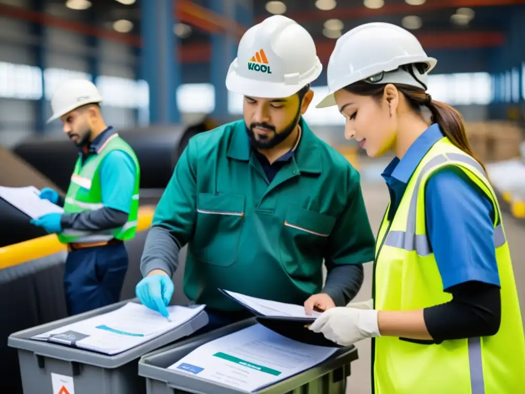 Equipo en uniforme realiza auditoría de residuos en fábrica, demostrando colaboración y dedicación a la gestión ambiental ISO 14001