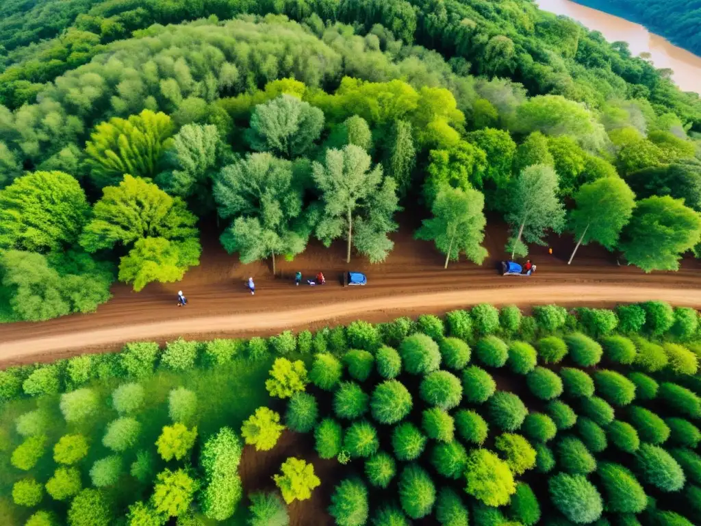 Equipo de voluntarios realizando restauración ecológica plataformas colaborativas, plantando árboles en un ecosistema degradado