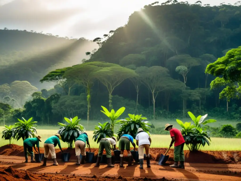 Un equipo de voluntarios en la selva del Amazonas, plantando árboles en tierra roja