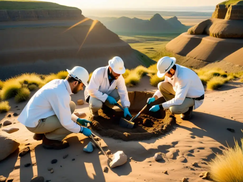 Equipo de paleontólogos excavando fósil con precisión en un yacimiento