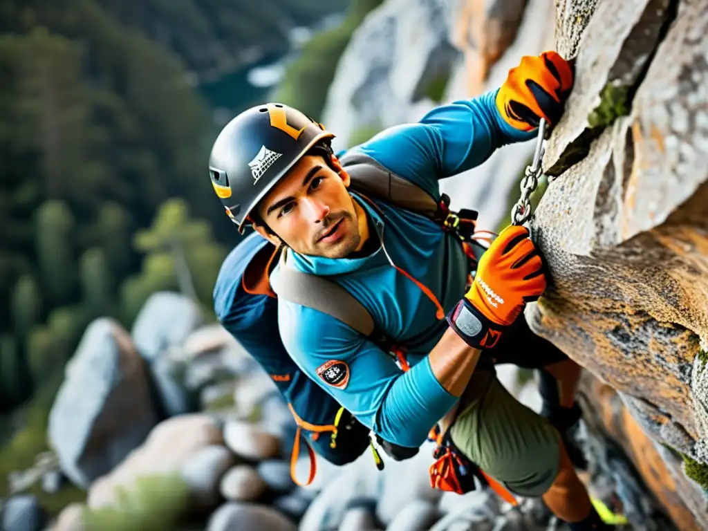 Un escalador profesional desafiando un acantilado rocoso en un entorno natural, con los mejores guantes para escalada en ecosistemas rocosos