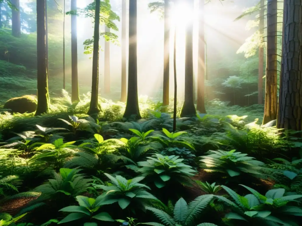 Escena de bosque exuberante y restauración ecológica post incendios forestales con vida silvestre y plantas nativas floreciendo