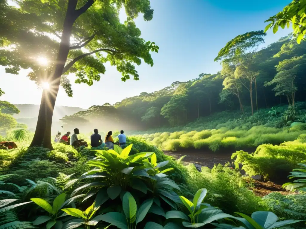 Una escena de bosque exuberante y vibrante con luz solar filtrándose a través del dosel, mostrando una diversa variedad de vida vegetal y animal